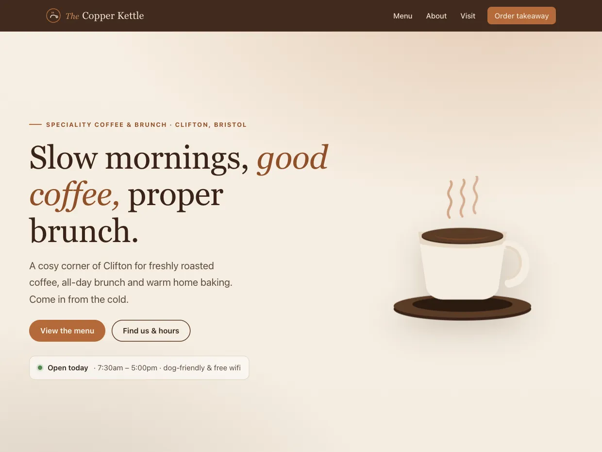 The Copper Kettle café demo website